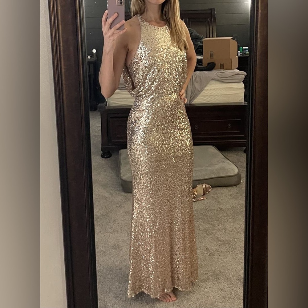 Badgley Mischka 4 Blush Maria Sequined Gown Maxi Gold Hourglass Sleeveless